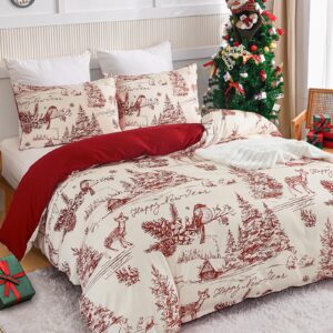 Christmas Duvet Cover Queen Size, 3PCs Red Village Christmas Bedding Set, Holiday Decor Soft Microfiber Duvet Cover and 2 Pillowcases with Zipper Closure for Kids Teens Adults (90"x90")