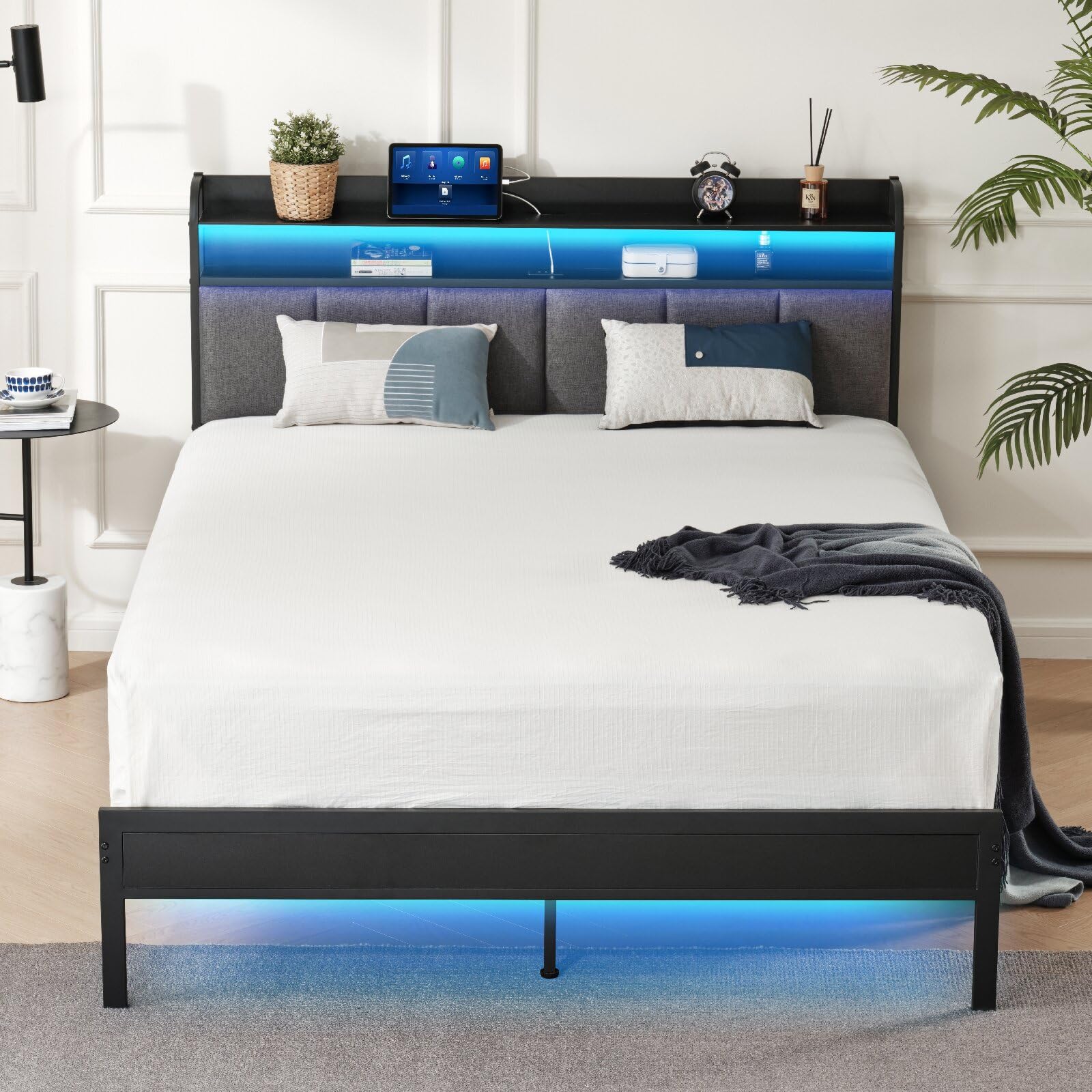 Z-hom Upholstered Twin Bed Frames, Upgraded Metal Bed Frame with LED Lights Headboard & Footboard, Bed Furniture with Charging Station Ports & Storage Shelves, Easy Assembly Bed Frame, Noise Free