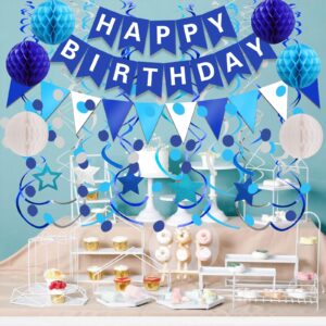 FECEDY Navy Blue Happy Birthday Paper Banner Flag Bunting Circle Confetti Garland Swirl Streamers Honeycomb Ball for Birthday Party Decorations