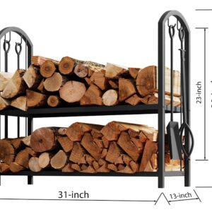 Fire Beauty Fireplace Firewood Log Rack 5-Piece Storage Logs Holder with Tools Set with 4 Tools Set Fireside Holders Wood Lumber Storage Stacking Black