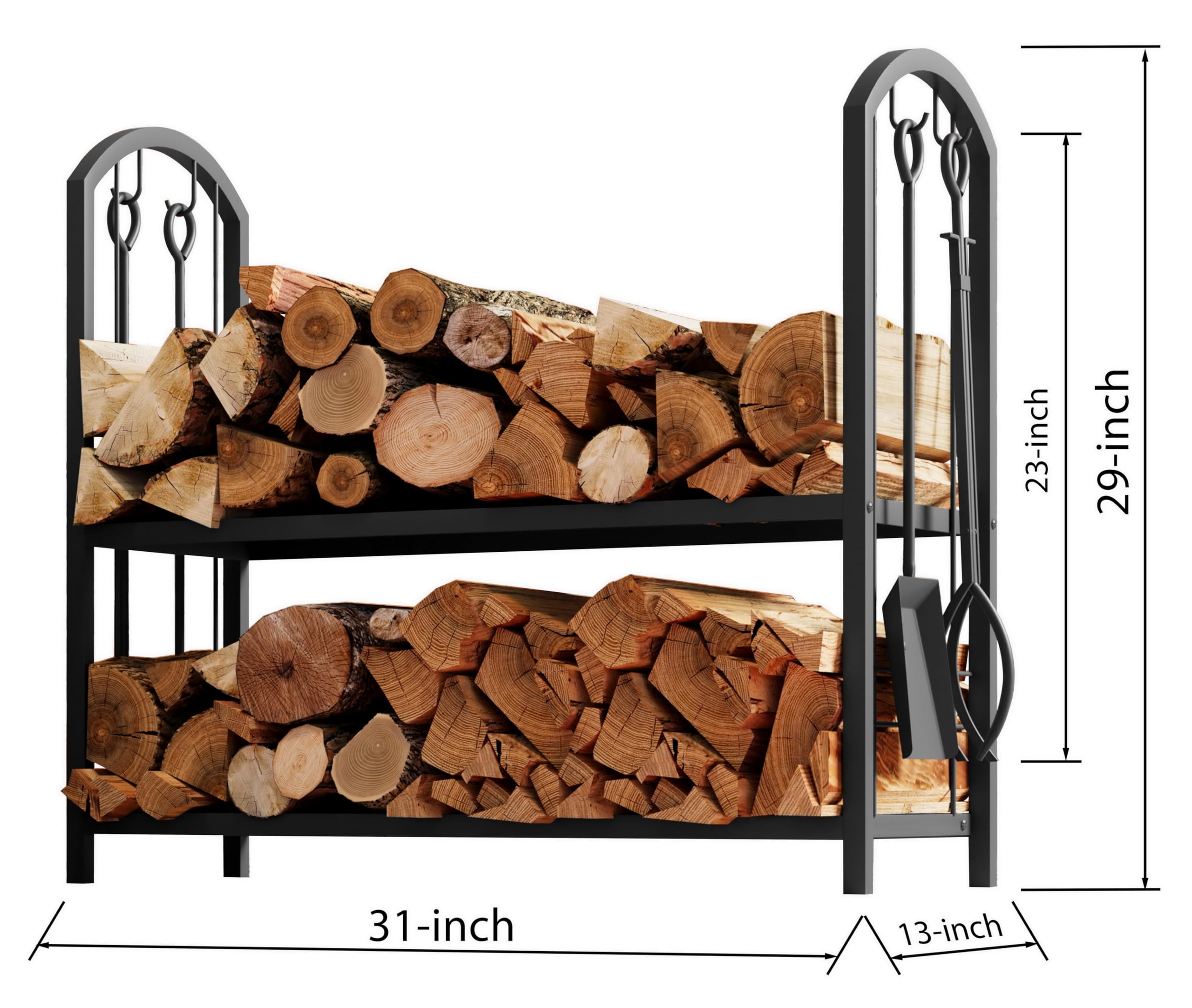 Fire Beauty Fireplace Firewood Log Rack 5-Piece Storage Logs Holder with Tools Set with 4 Tools Set Fireside Holders Wood Lumber Storage Stacking Black