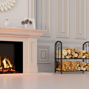 Fire Beauty Fireplace Firewood Log Rack 5-Piece Storage Logs Holder with Tools Set with 4 Tools Set Fireside Holders Wood Lumber Storage Stacking Black