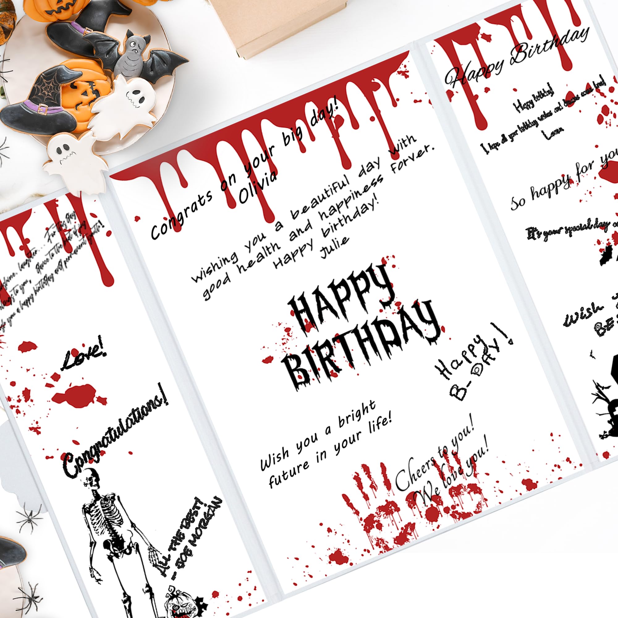 DARUNAXY Halloween Birthday Party Decorations, Red Halloween Happy Birthday Alternative Signature Guest Book Birthday Gifts on Halloween Skull Ghost Birthday Signing Card Party Supply Day of The Dead