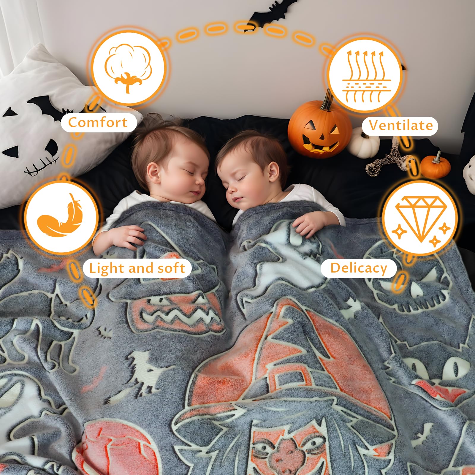 UOFON Halloween Blanket Pumpkin Throw Blanket Witchy Blanket Glow in The Dark for Kids Adults Halloween Decorations 50"x60"