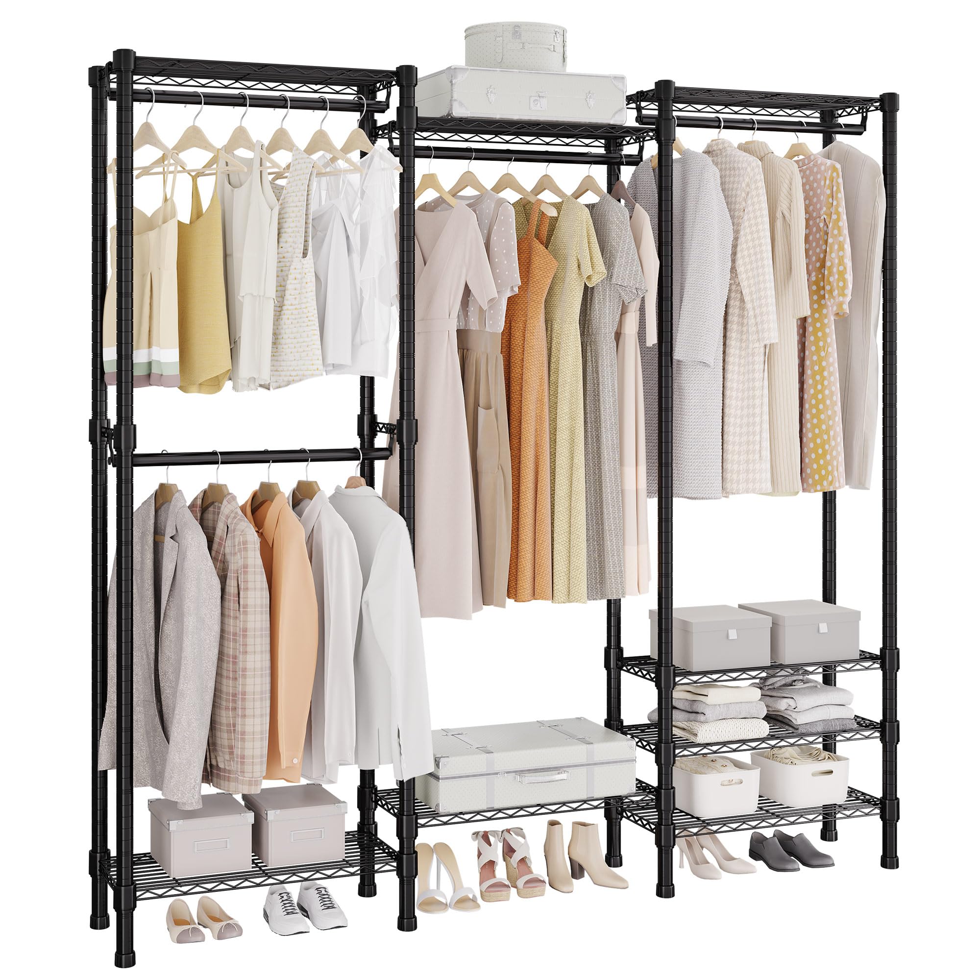 DWVO Closet Organizers and Storage System, Heavy Duty Walk-in Closet Shelves System, Adjustable Clothes Rack with 3 Hanging Rods, 8 Shelves, 68.9" L x 76" H x 13.8" W