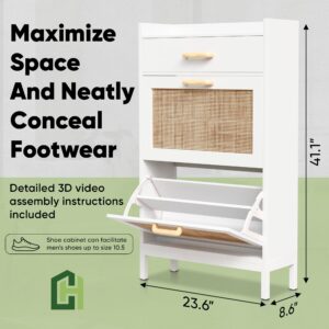 CleverHome Wood Hidden Shoe Rack - Narrow Shoe Cabinet with Drawer, 2 Tilting Shoe Organizer & Shelf - Rattan Shoe Storage Cabinet for Entryway, Nonslip Shoe Dresser- Bundle Below w/Improved Screws