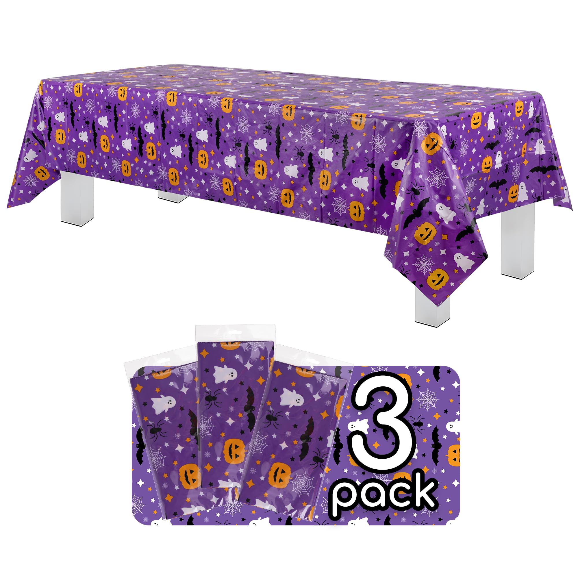 Grandipity Halloween Tablecloth Rectangle (3 Pk) Pumpkin Tablecloth (54in x 108in) Purple Plastic Disposable Tablecloths