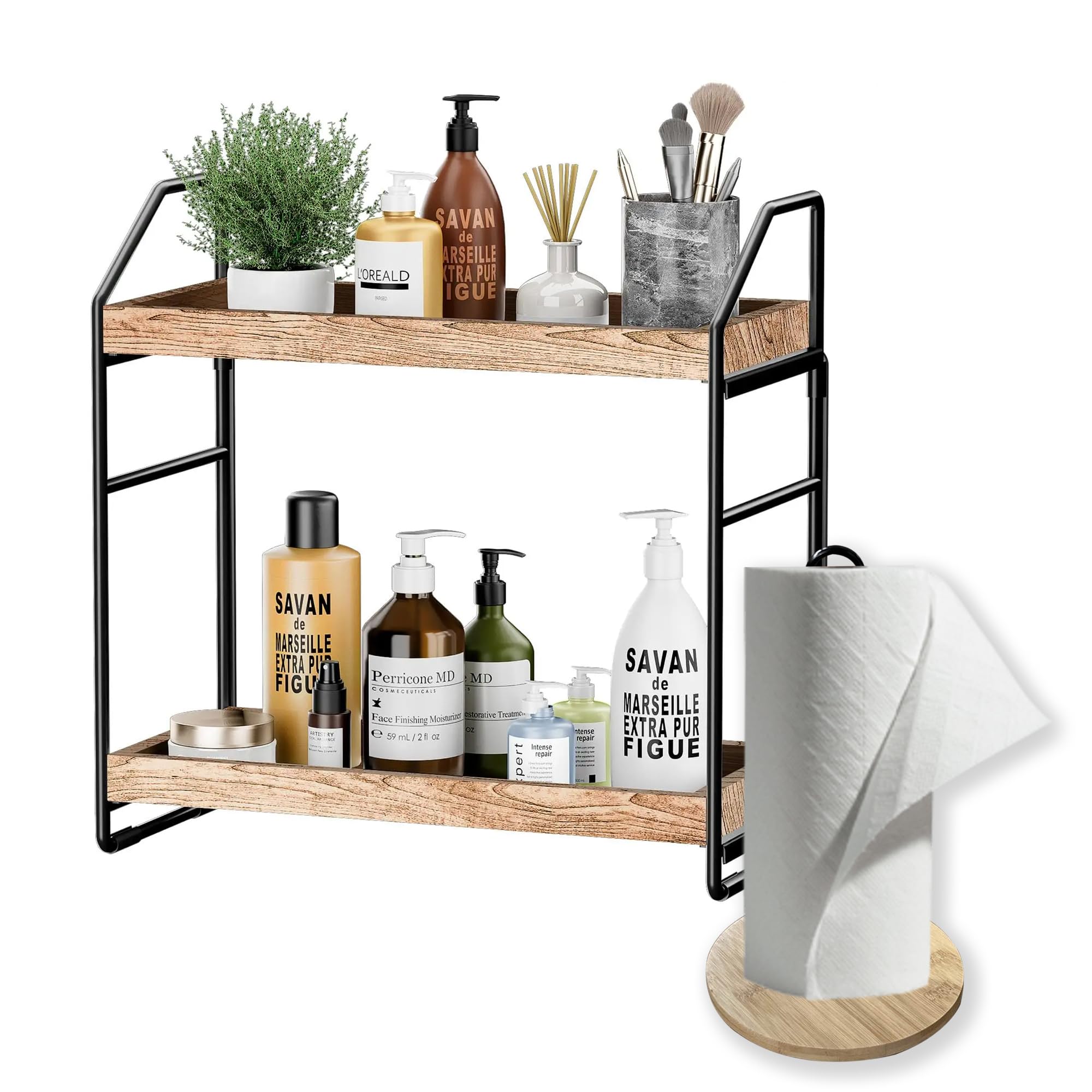 Queen Yasine 2-Tier Adjustable Bathroom Countertop Organizer with toilet paper holder – Quick Assembly, Solid Bamboo Wood Vanity Trays, Standing Cosmetic Storage Shelf for Bathroom, Bedroom or Kitchen