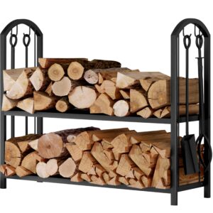 Fire Beauty Fireplace Firewood Log Rack 5-Piece Storage Logs Holder with Tools Set with 4 Tools Set Fireside Holders Wood Lumber Storage Stacking Black