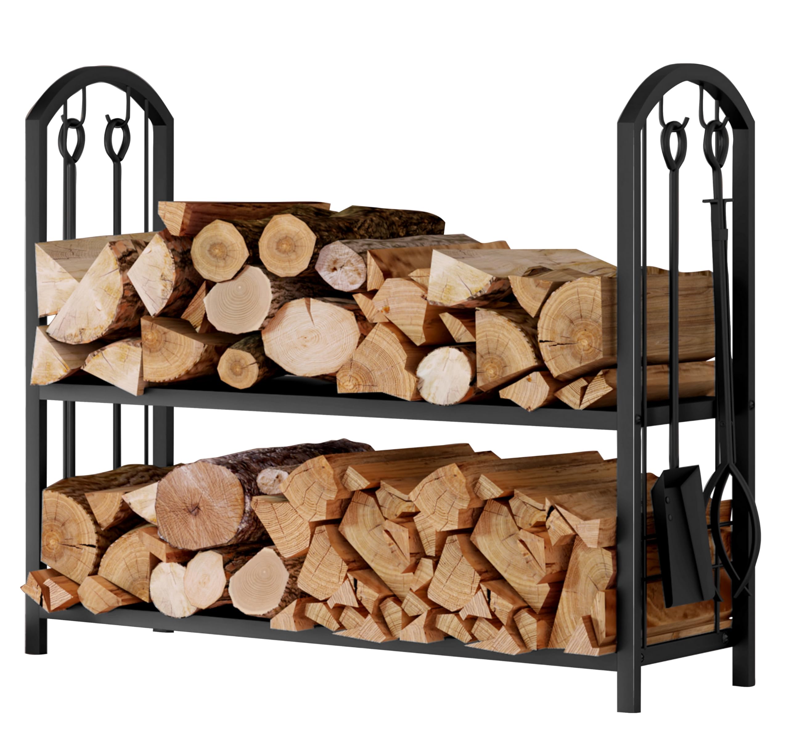 Fire Beauty Fireplace Firewood Log Rack 5-Piece Storage Logs Holder with Tools Set with 4 Tools Set Fireside Holders Wood Lumber Storage Stacking Black