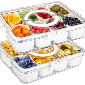 2 Pack Portable Snackle Box Container, Divided Serving Tray with Lid and Handle, Fruits, Clear Snack Platter Organizer and Storage for Adults Child (11.81" L*8.85"W-2pcs-8 Compartments)