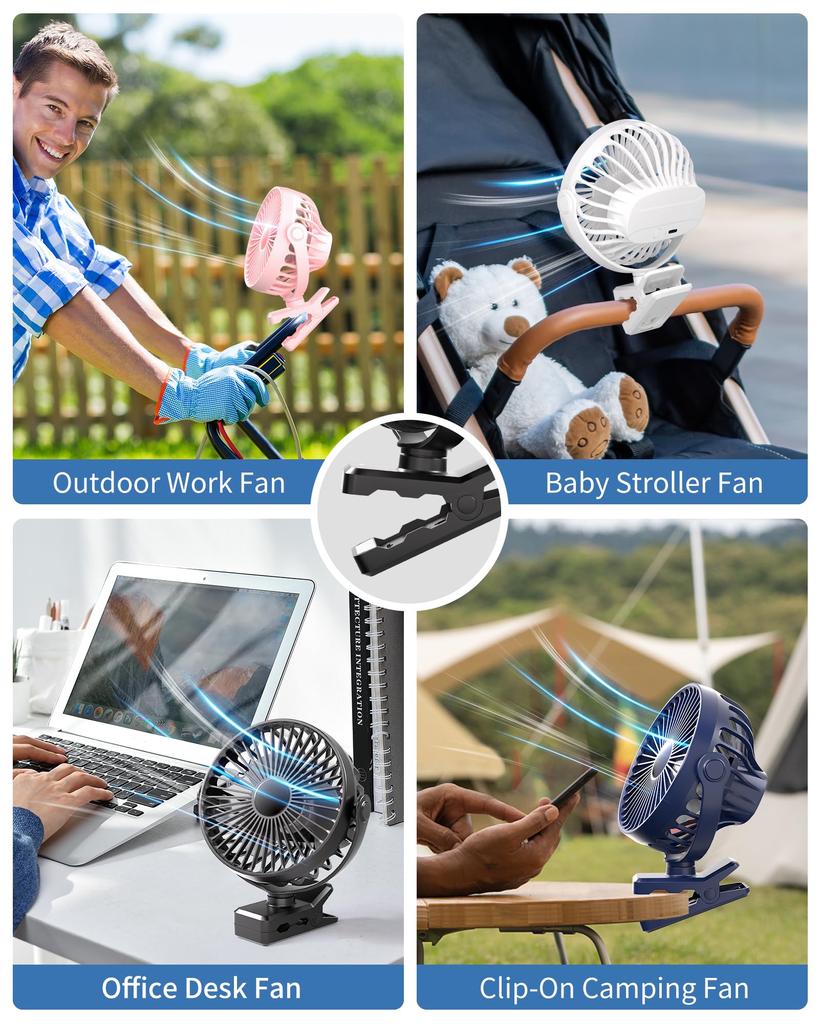 Portable Clip on Fan, Small Powerful Wind Cooling Desk Fan, 3 Speed Quiet Personal Fan with Clip, 360° Rotatable Battery Operated Rechargeable Mini Table Fan for Home Office Stroller Travel Camping