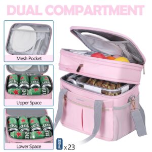 Hedcaw Lunch Box for Women Double Deck Insulated Lunch Bag Women Expandable Leakproof Reusable Lunch Cooler for Work, Office, Picnic, Pink