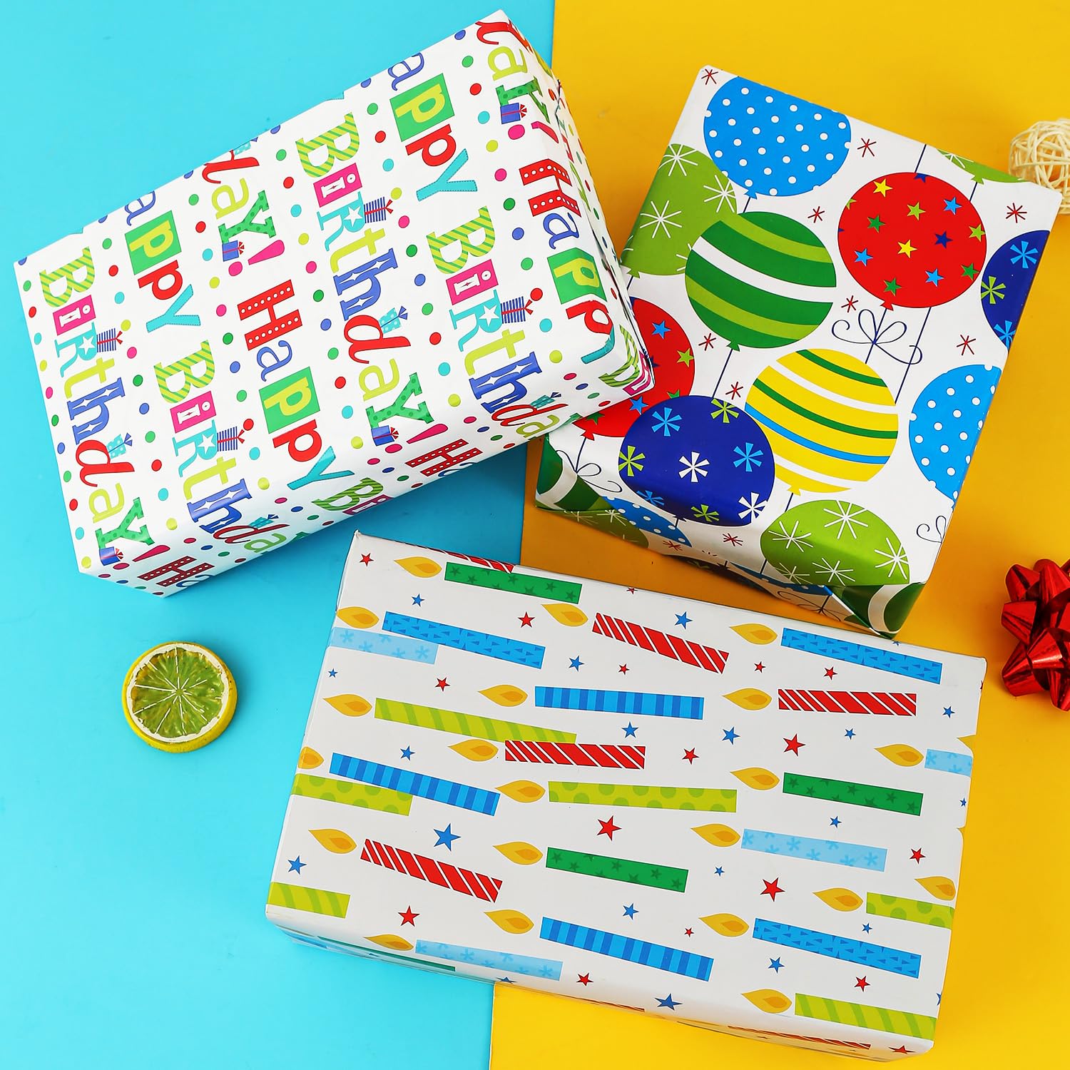 BOLIANNE Birthday Wrapping Paper for Boys Girls Kids Men Women - Gift Wrapping Paper with Balloon 'Happy Birthday' Candles, 6 Large Sheets Gift Wrap for Holiday Party, Folded Flat, 27 X 37 Inch