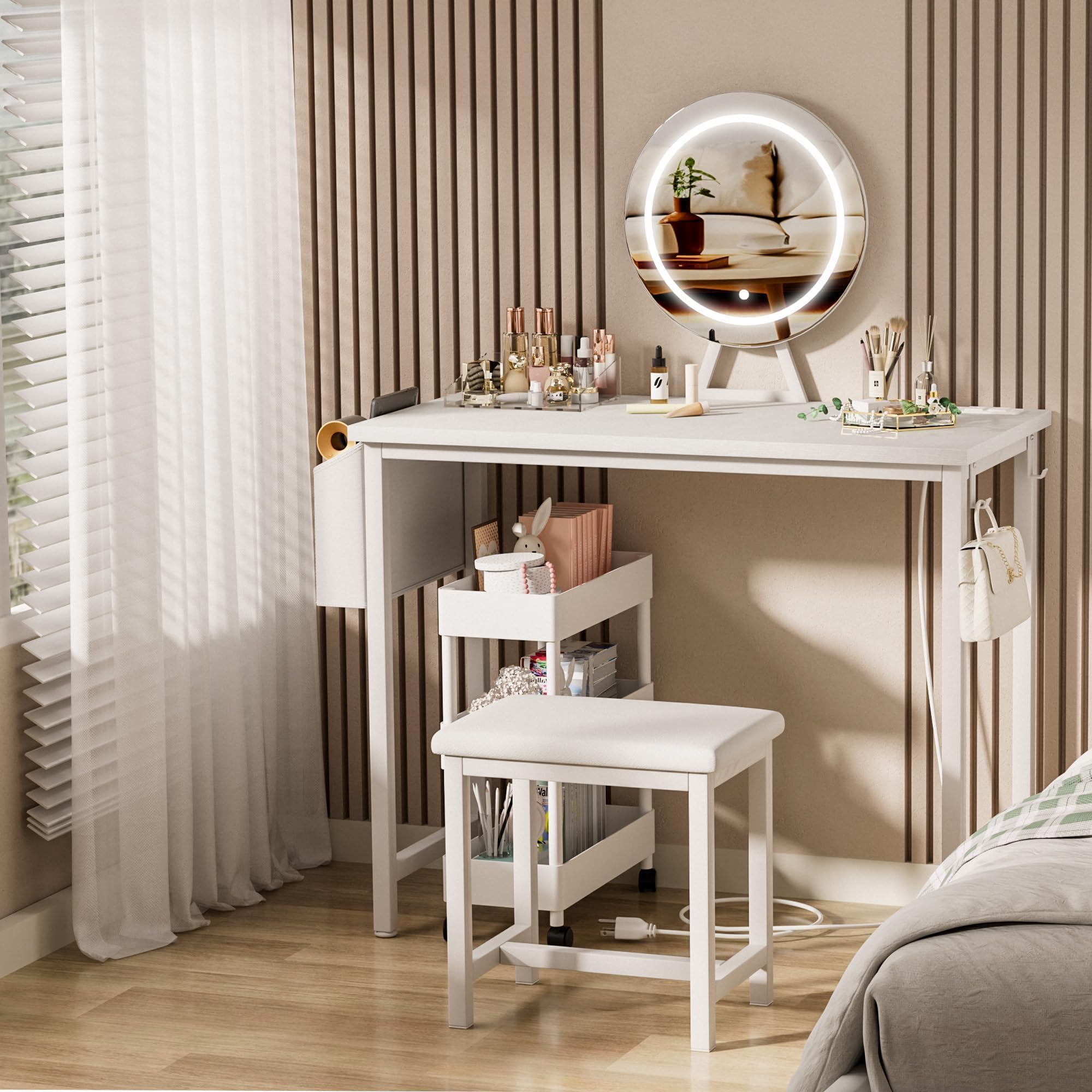 KAI-ROAD Makeup Vanity Desk with Mirror and Lights - Small White Vanity Table with Chair, Power Outlet, Modern Make Up Vanitys Desks Set, Dressing Table for Girls Bedroom