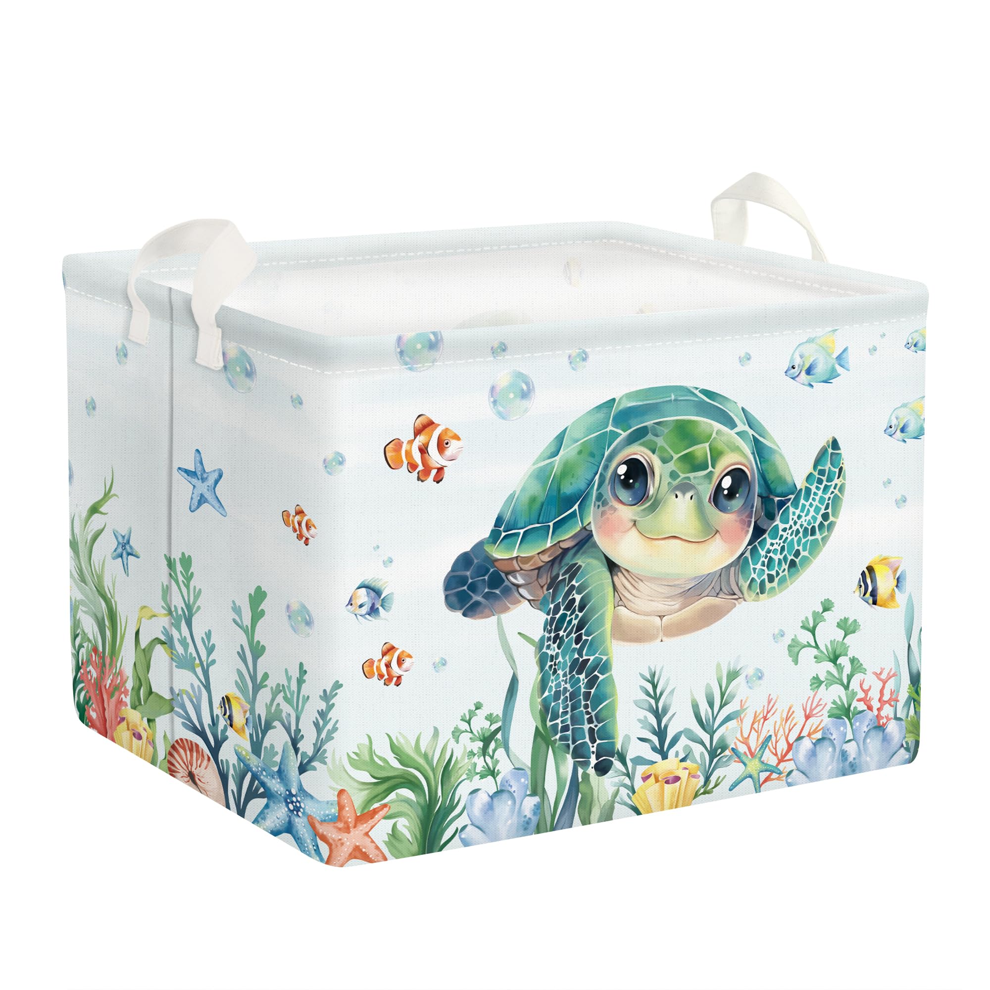 Clastyle 36L Fish Sea Turtle Baby Basket Ocean Coral Seaweed Starfish Toy Book Shelf Basket Waterproof Pool Toy Beach Towel Storage Bin Large Rectangle Collapsible Dirty Clothes Basket