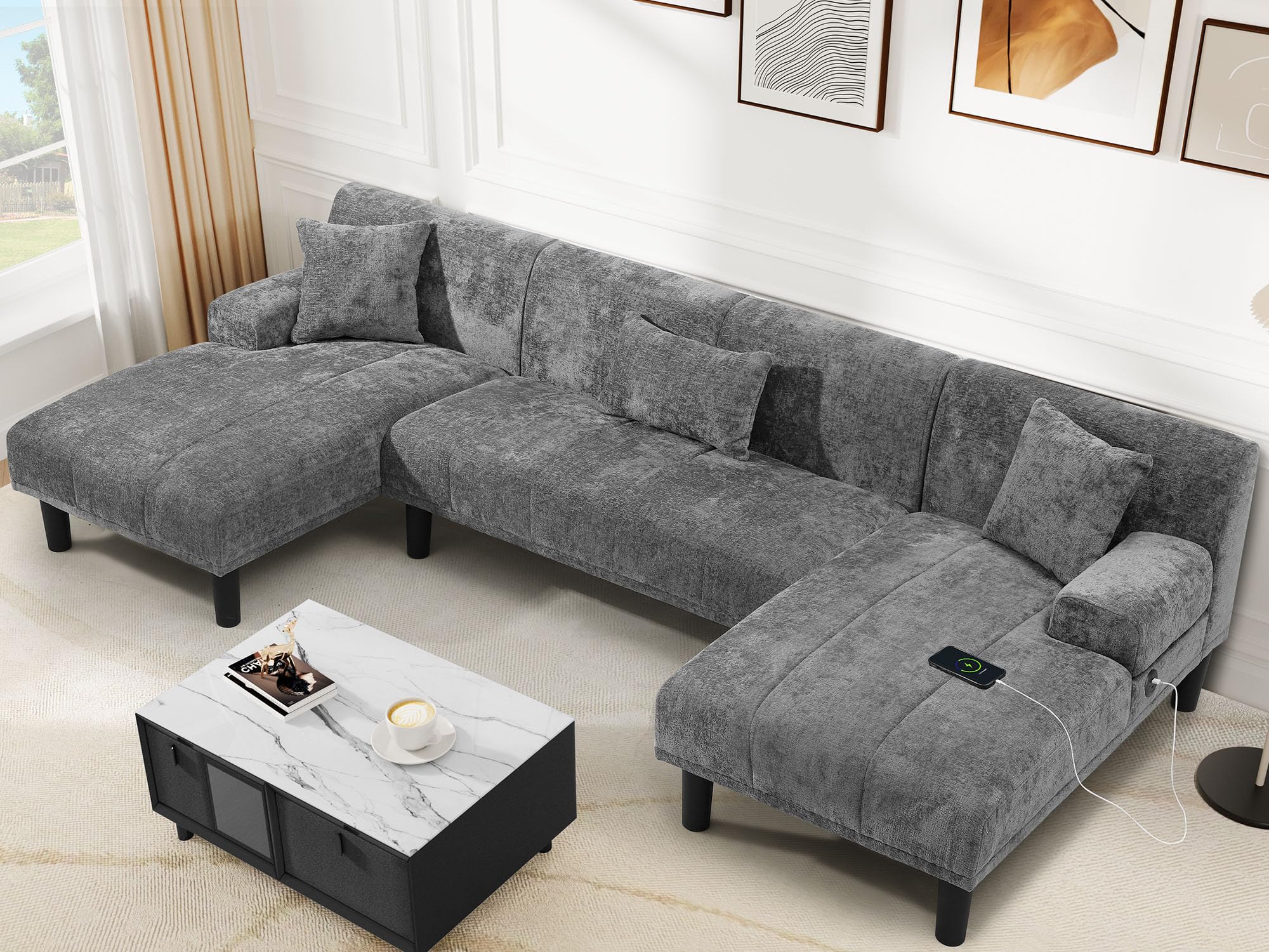 YITAHOME Sectional Couches for Living Room, U Shaped Sofa Chenille Modern Modular Couch with USB & Type C Charging Ports Double Chaise and Comfy Upholstered, Dark Grey