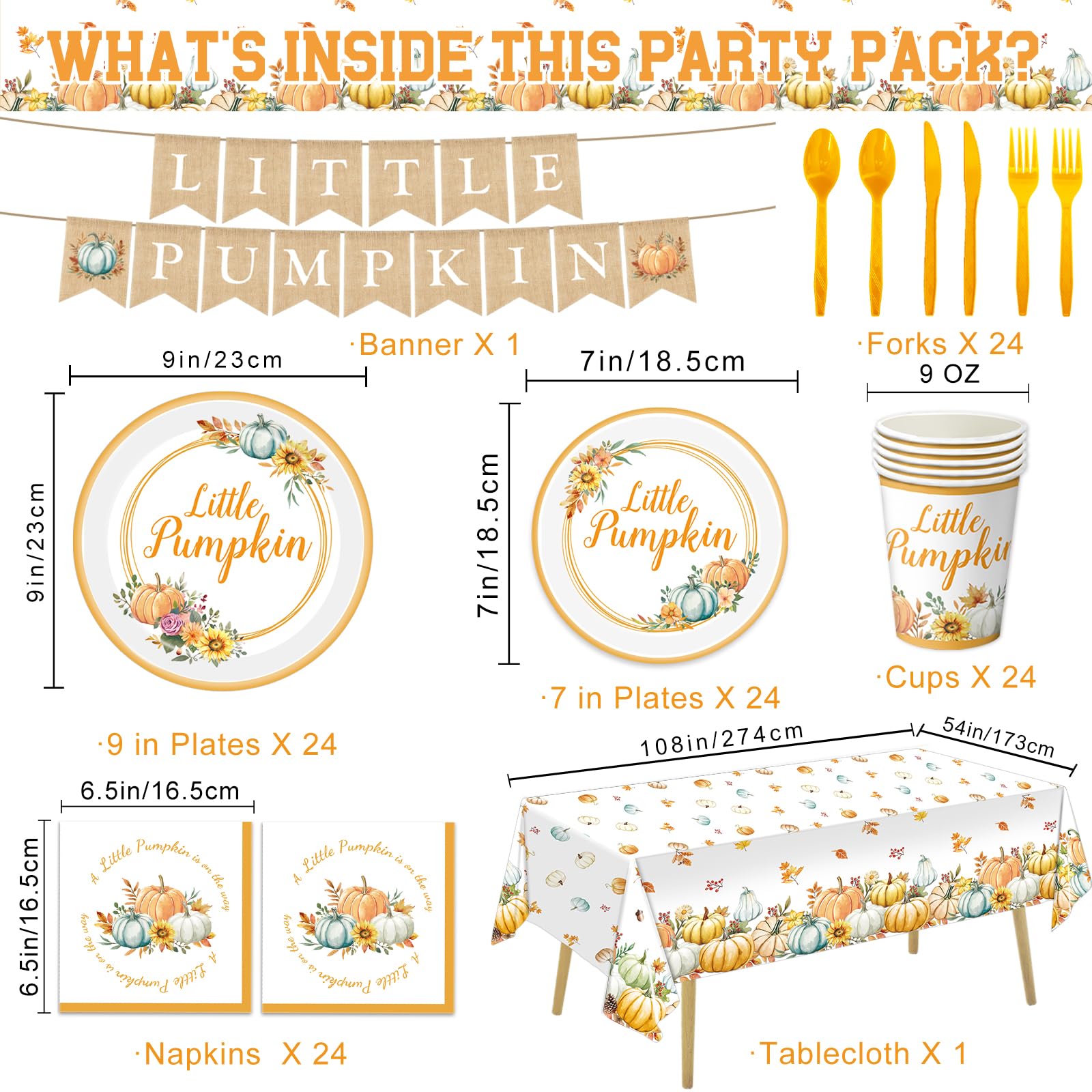 Fall Little Pumpkin Baby Shower Party Decorations Thanksgiving Pumpkins Disposable Birthday Party Decorations Set with Plates, Cups, Napkins, Tablecloth, Banner, Knives, Spoons and Forks, Serves 24