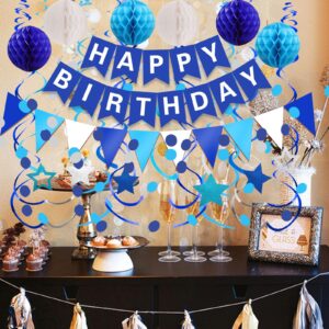 FECEDY Navy Blue Happy Birthday Paper Banner Flag Bunting Circle Confetti Garland Swirl Streamers Honeycomb Ball for Birthday Party Decorations