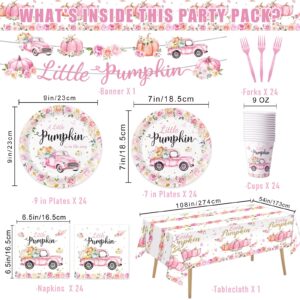 122PCS Little Pumpkin Baby Shower Decorations - A Little Pumpkin is On The Way Baby Shower Include Plates, Napkins, Cups, Forks, Tablecloth, and Banner for Girl Pumpkin Baby Shower, Serves 24