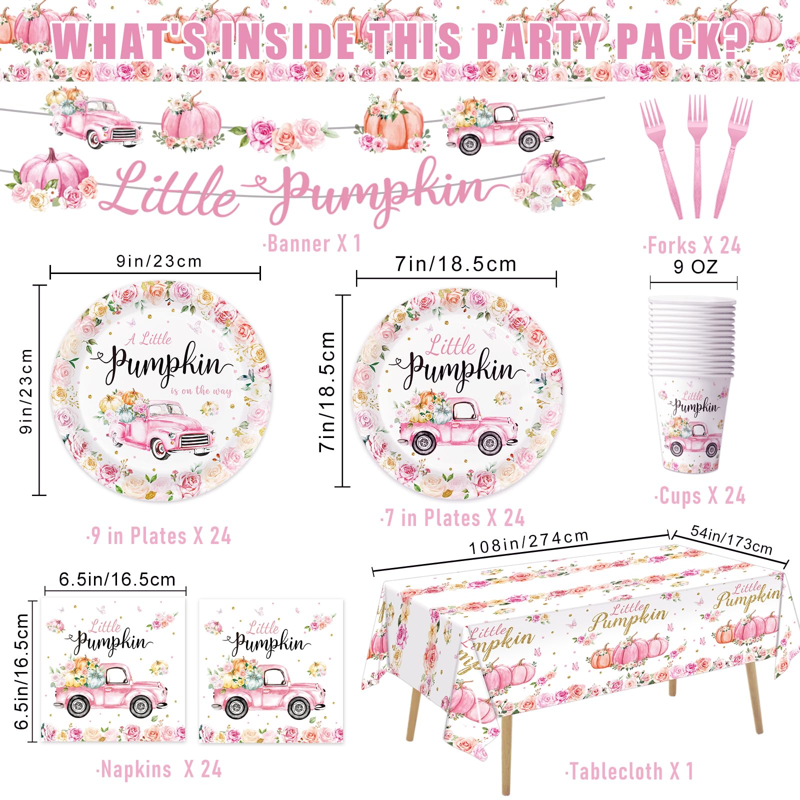 122PCS Little Pumpkin Baby Shower Decorations - A Little Pumpkin is On The Way Baby Shower Include Plates, Napkins, Cups, Forks, Tablecloth, and Banner for Girl Pumpkin Baby Shower, Serves 24