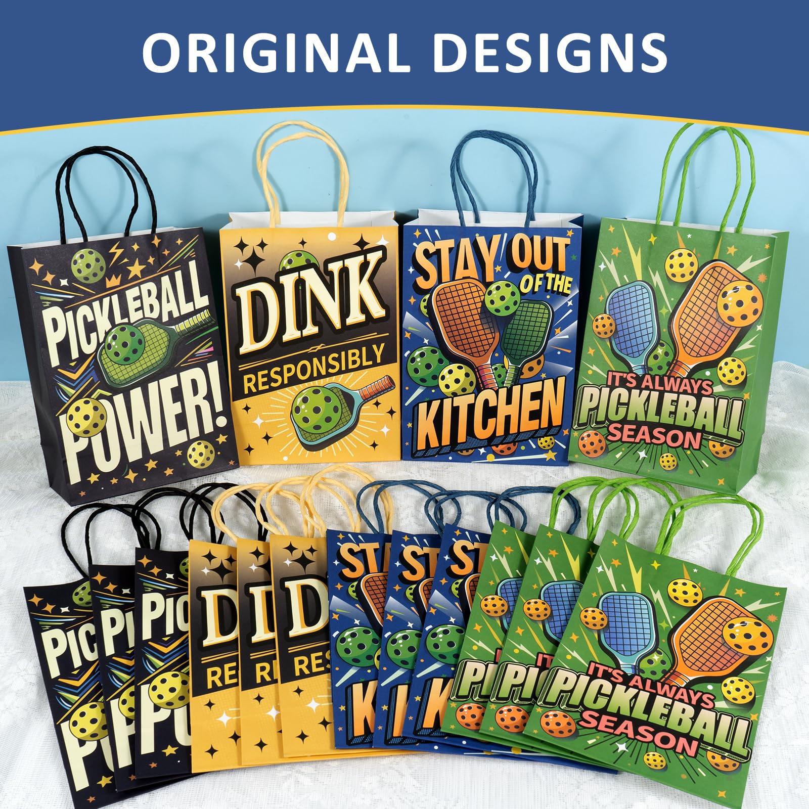 Kauai Sun 16PCS Pickleball Gift Bags, Pickle Ball Themed Party Supplies Favors Bags, Four Original Vibrant Designs for Pickleball Enthusiasts Players Team Coach Retirement Gifts Goodies