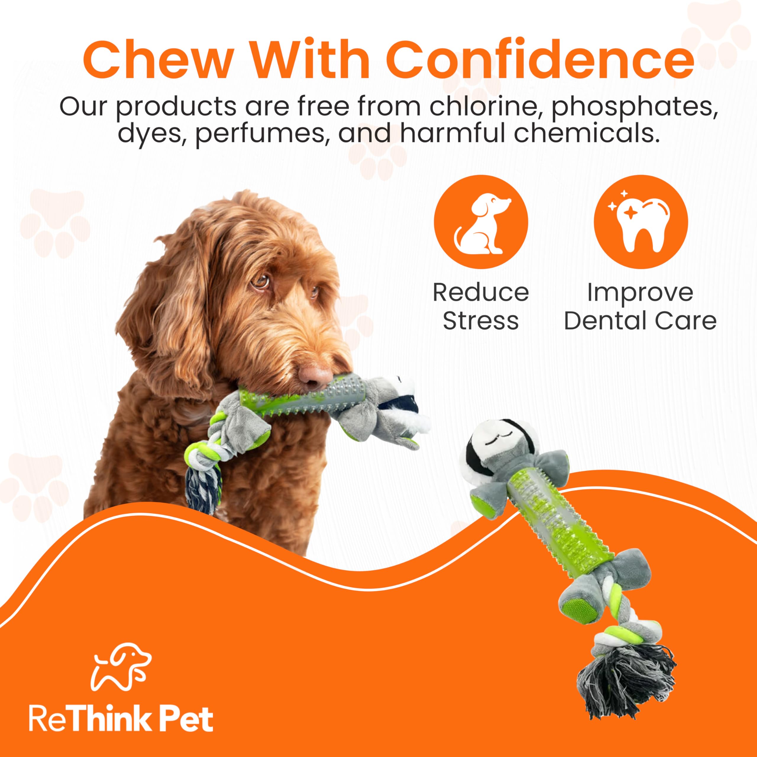 ReThink Pet PlayPal 3-in-1 Squeaky Dog Toy, Tug & Chew Plush Dog Chew Toys, High Tensile Strength Recyclable Puppy Teething Toys, Long-Lasting and Durable Dog Toys