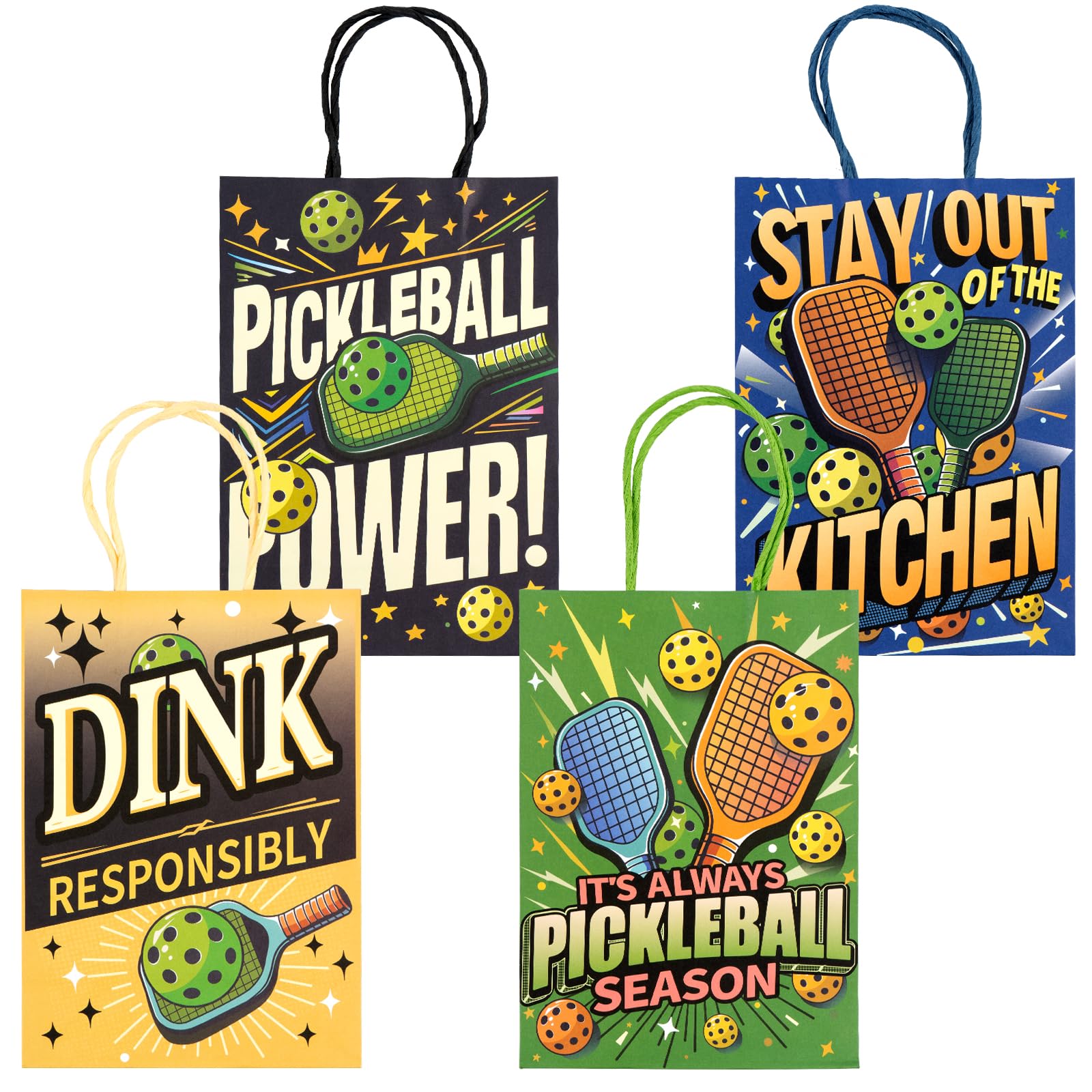 Kauai Sun 16PCS Pickleball Gift Bags, Pickle Ball Themed Party Supplies Favors Bags, Four Original Vibrant Designs for Pickleball Enthusiasts Players Team Coach Retirement Gifts Goodies