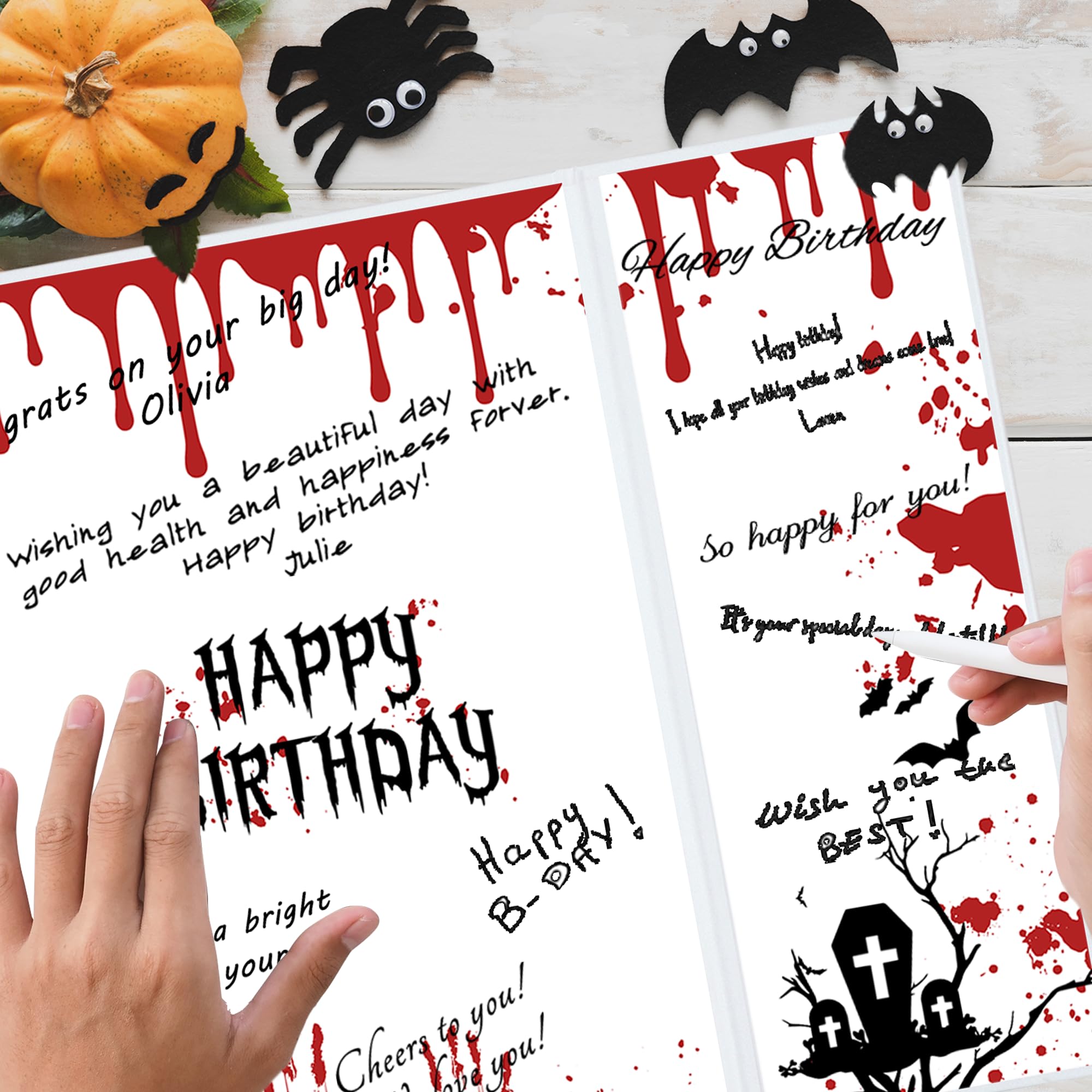 DARUNAXY Halloween Birthday Party Decorations, Red Halloween Happy Birthday Alternative Signature Guest Book Birthday Gifts on Halloween Skull Ghost Birthday Signing Card Party Supply Day of The Dead