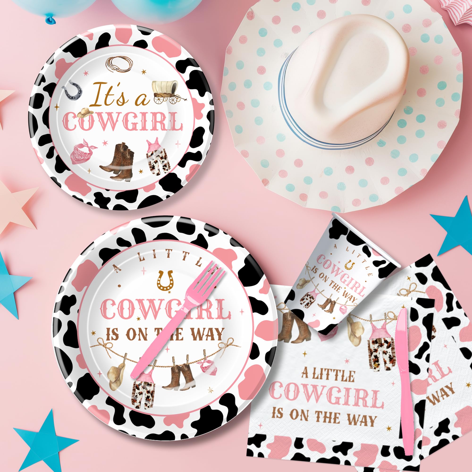 Xigejob Western Cowgirl Baby Shower Decorations Party Tableware - Little Cowgirl Baby Girl Table Decorations, Plate, Cup, Napkin, Cutlery, Tablecloth, Wild West Rodeo Baby Shower Supplies | Serve 24