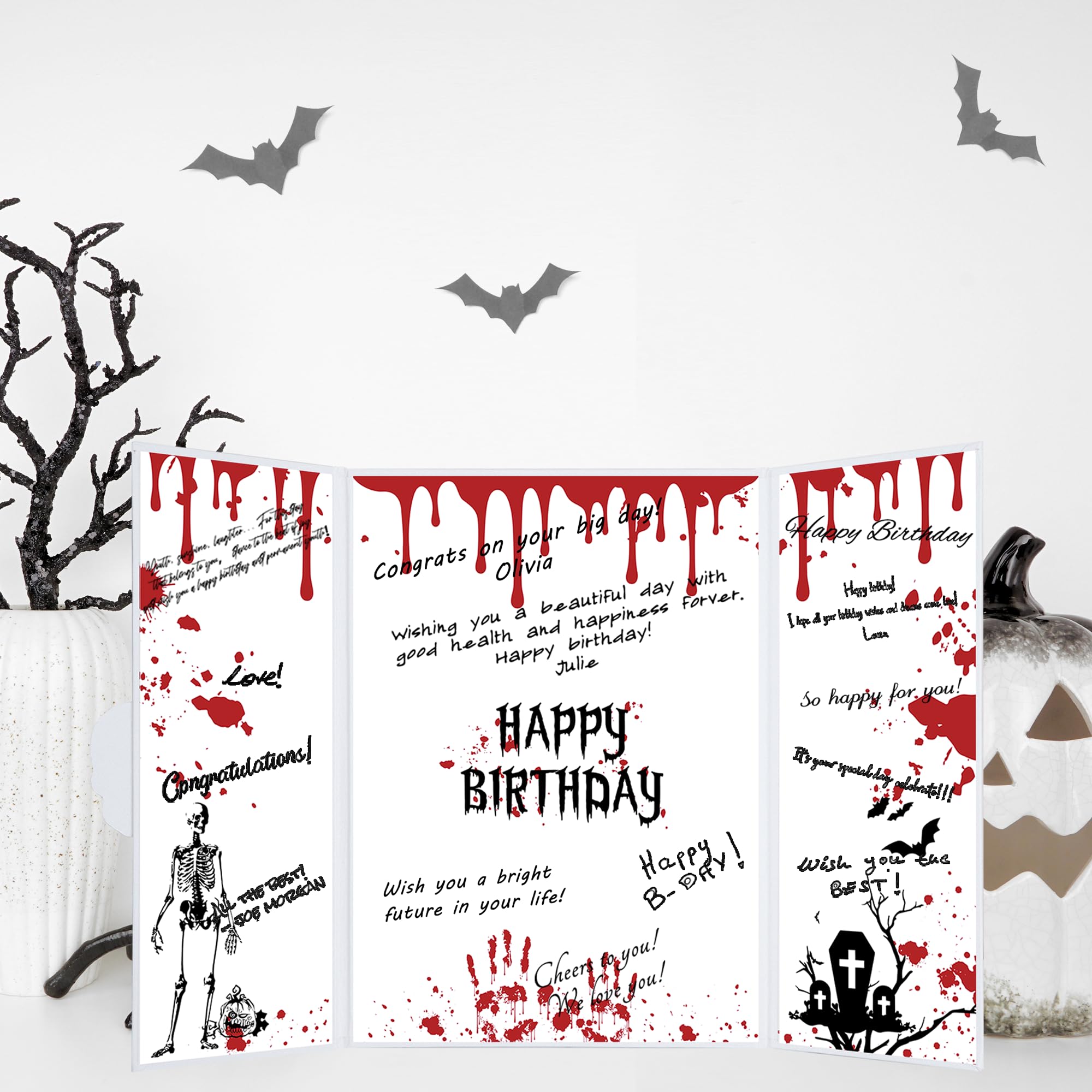 DARUNAXY Halloween Birthday Party Decorations, Red Halloween Happy Birthday Alternative Signature Guest Book Birthday Gifts on Halloween Skull Ghost Birthday Signing Card Party Supply Day of The Dead