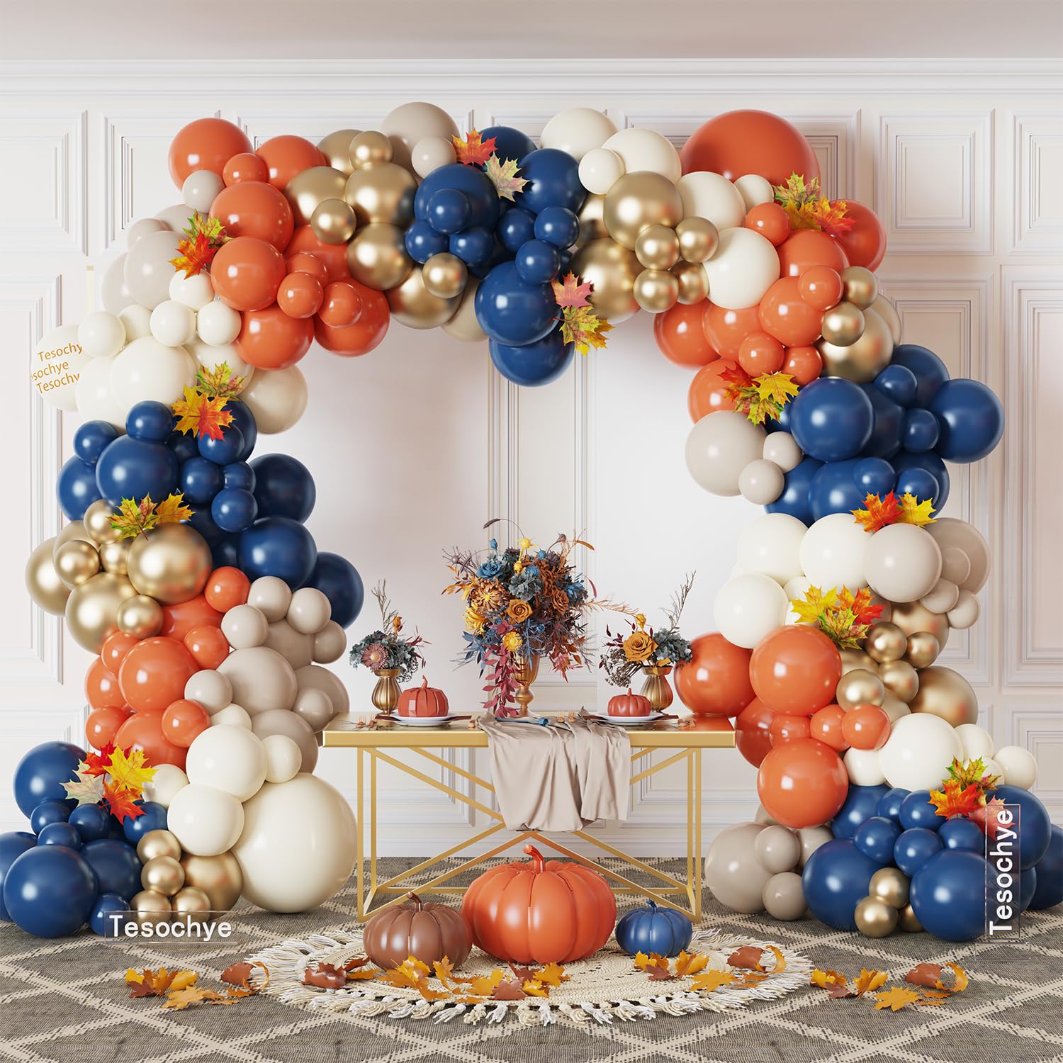 176 Pcs Fall Balloon Garland Arch Kit, Navy Royal Dark Blue Metallic Gold Orange Creamy White Balloons Arch Kit for Class of 2024 Graduation Decorations Thanksgiving Party Fall Birthday Wedding Decor