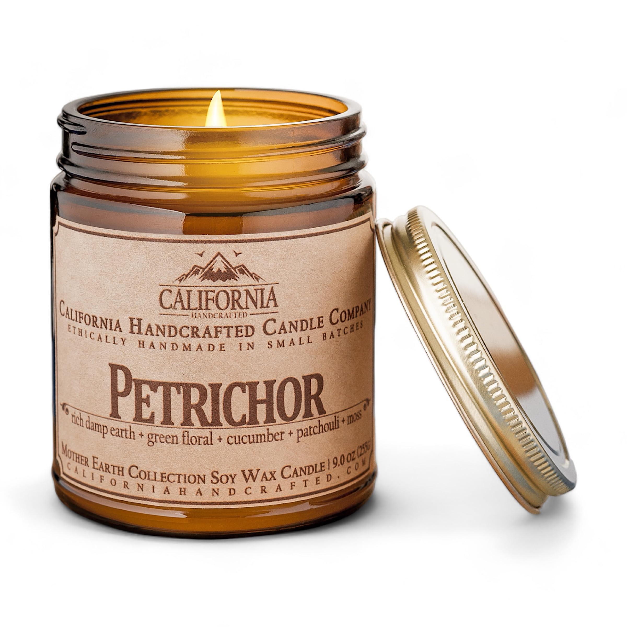 California Handcrafted Petrichor Scented Soy Wax Candle | Rich Damp Earth + Green Floral + Cucumber + Patchouli + Moss | 9 oz Jar