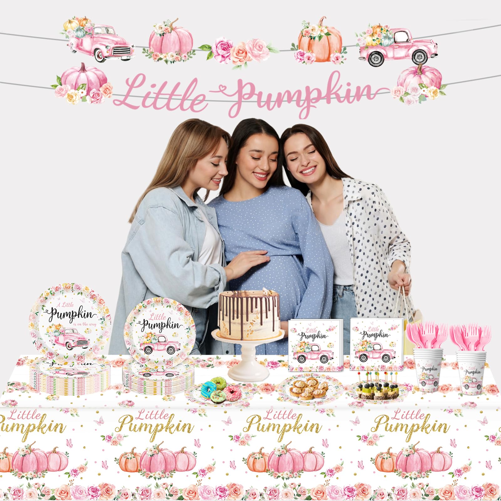 122PCS Little Pumpkin Baby Shower Decorations - A Little Pumpkin is On The Way Baby Shower Include Plates, Napkins, Cups, Forks, Tablecloth, and Banner for Girl Pumpkin Baby Shower, Serves 24