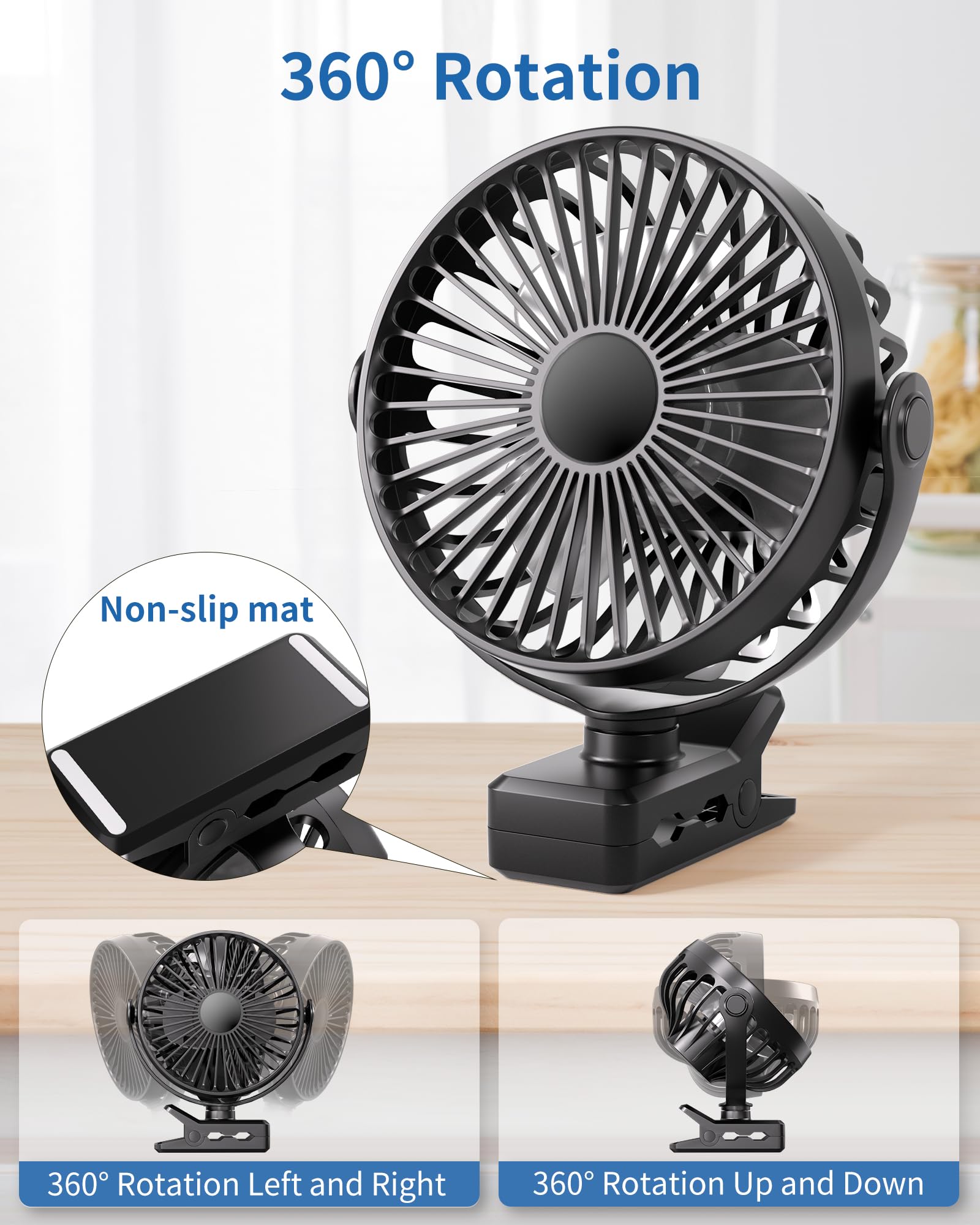 Portable Clip on Fan, Small Powerful Wind Cooling Desk Fan, 3 Speed Quiet Personal Fan with Clip, 360° Rotatable Battery Operated Rechargeable Mini Table Fan for Home Office Stroller Travel Camping