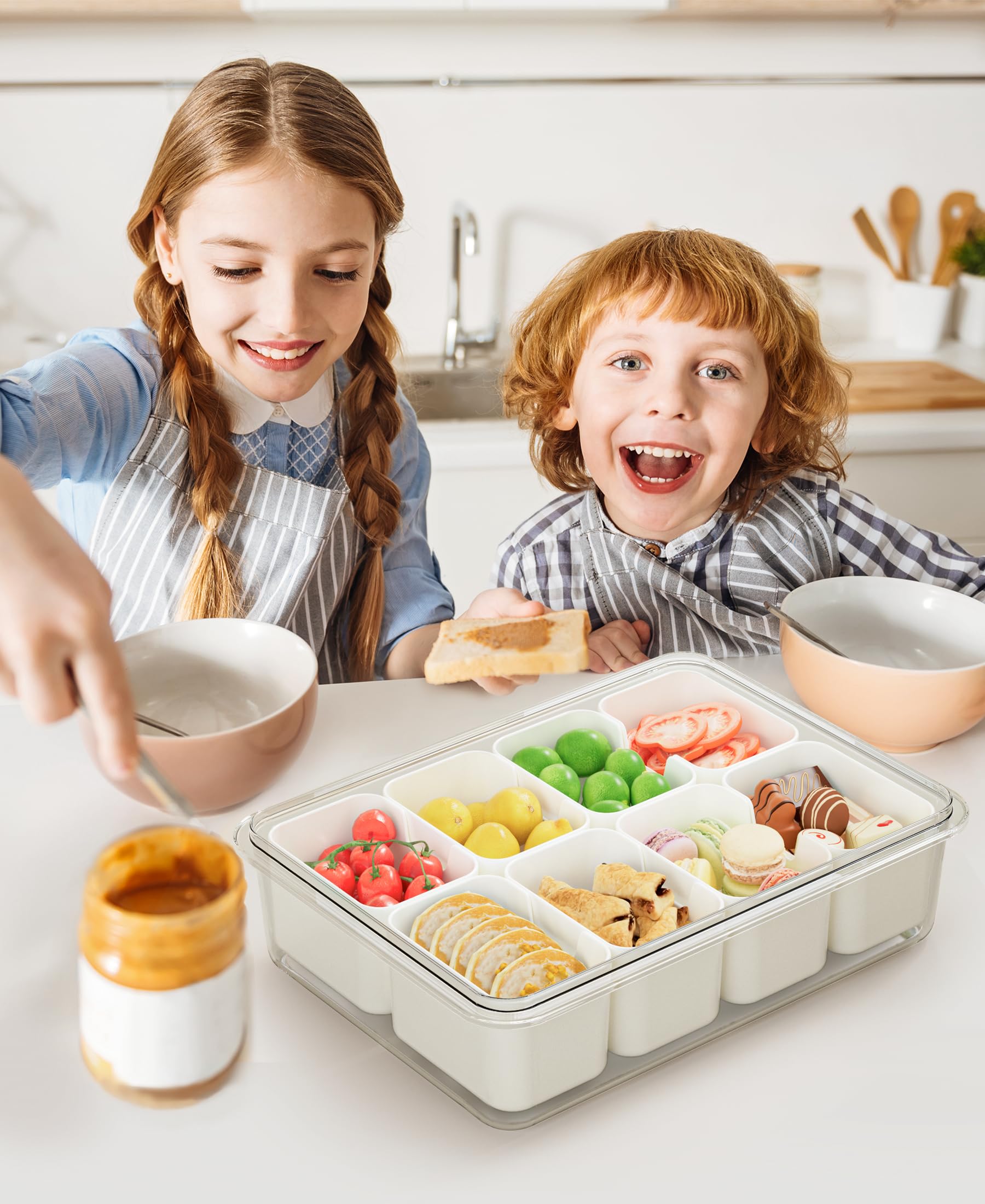 2 Pack Portable Snackle Box Container, Divided Serving Tray with Lid and Handle, Fruits, Clear Snack Platter Organizer and Storage for Adults Child (11.81" L*8.85"W-2pcs-8 Compartments)