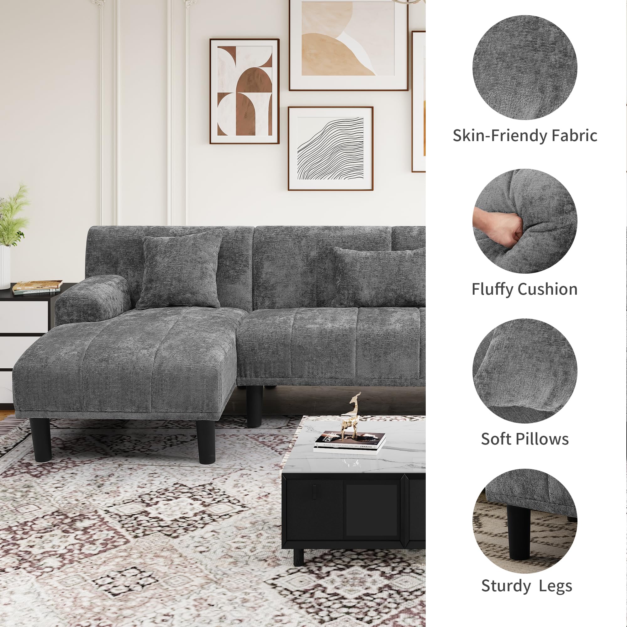 YITAHOME Sectional Couches for Living Room, U Shaped Sofa Chenille Modern Modular Couch with USB & Type C Charging Ports Double Chaise and Comfy Upholstered, Dark Grey