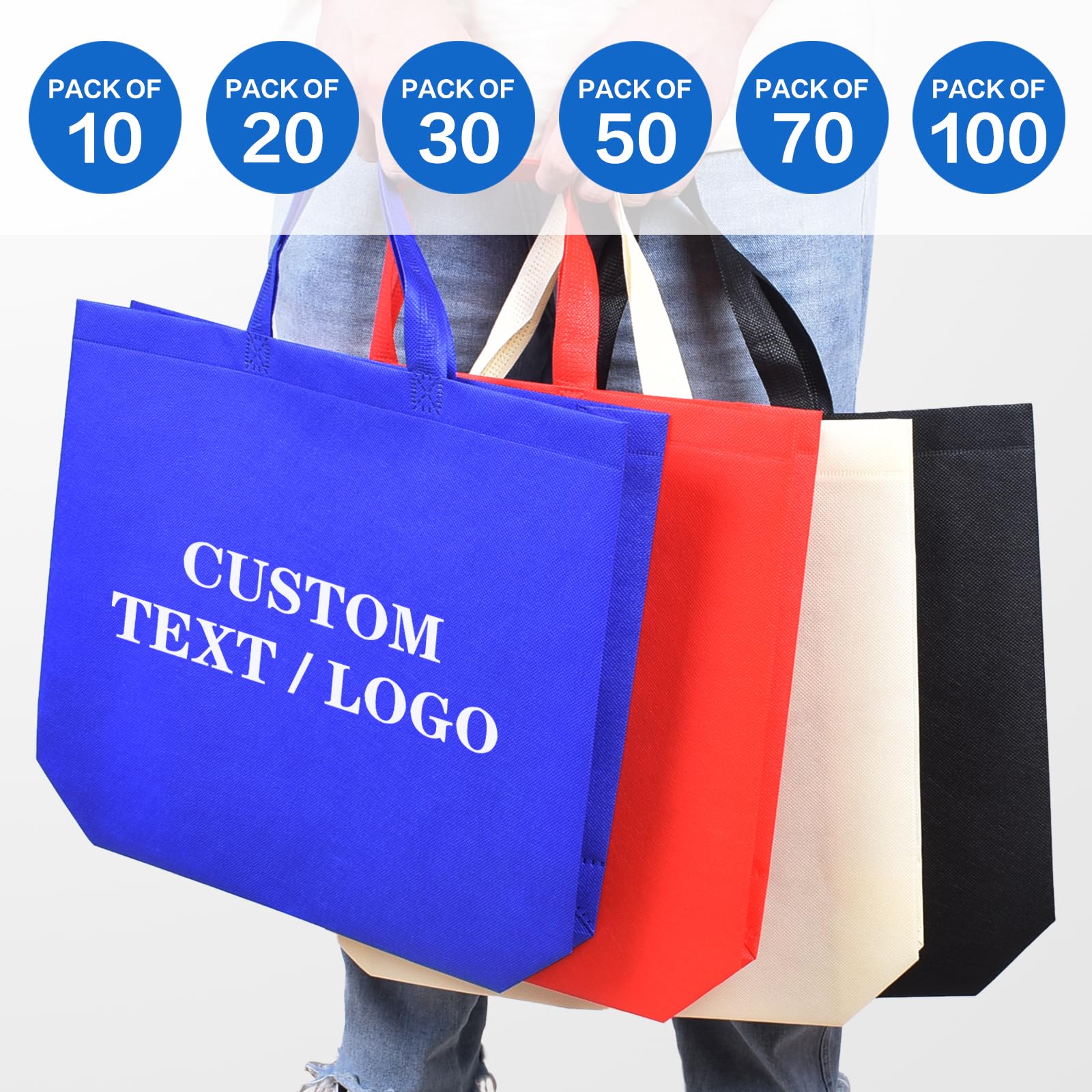 Scanect Custom Tote Bags 100 Pack, Personalized Logo Text, Bulk Grocery Bags, Reusable Shopping Bags Black