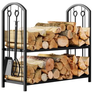 Fire Beauty Fireplace Firewood Log Rack 5-Piece Storage Logs Holder with Tools Set with 4 Tools Set Fireside Holders Wood Lumber Storage Stacking Black