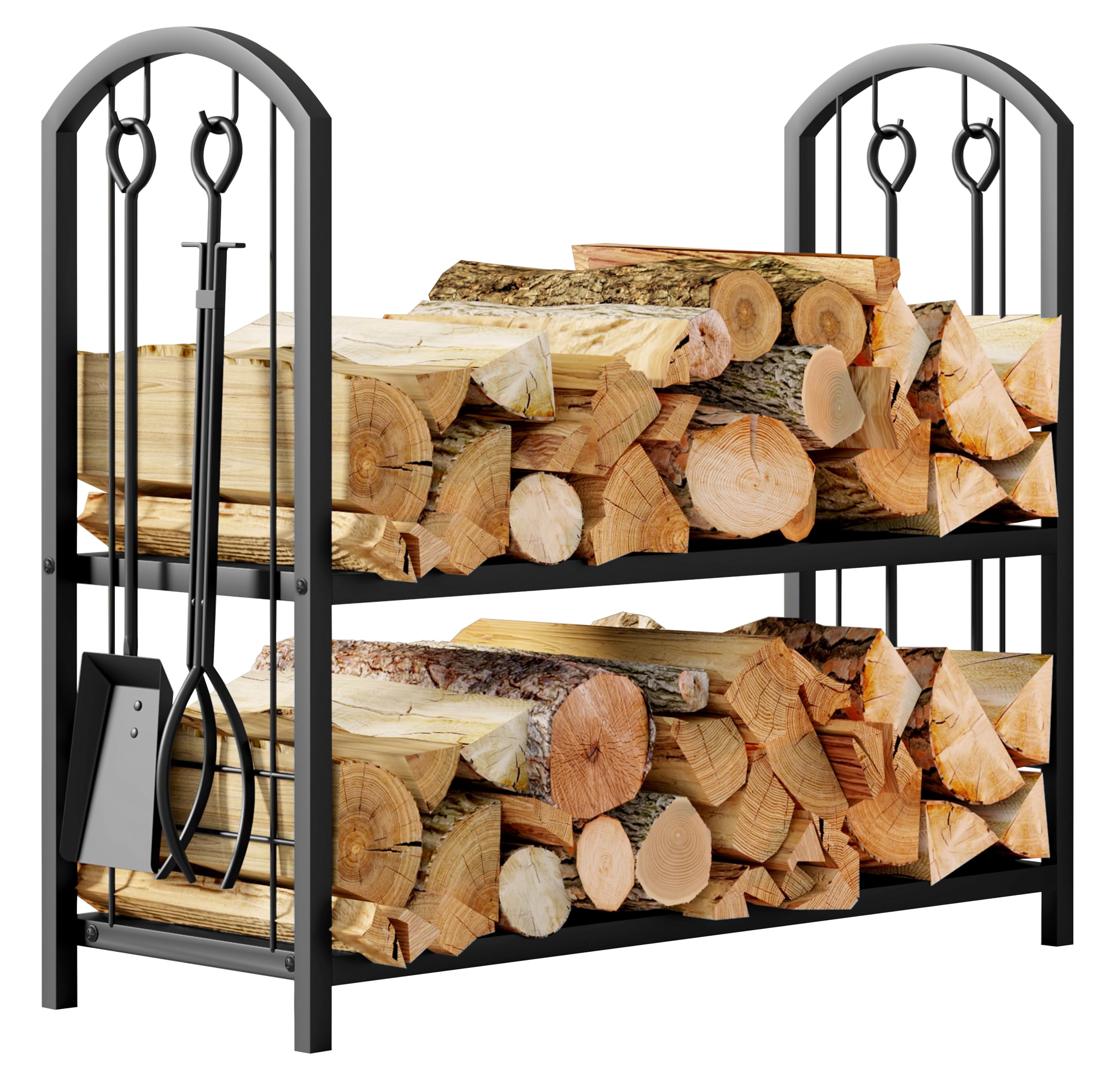 Fire Beauty Fireplace Firewood Log Rack 5-Piece Storage Logs Holder with Tools Set with 4 Tools Set Fireside Holders Wood Lumber Storage Stacking Black