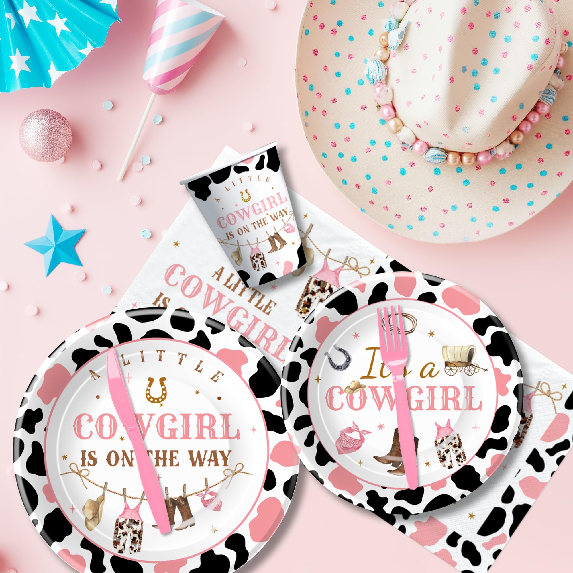 Xigejob Western Cowgirl Baby Shower Decorations Party Tableware - Little Cowgirl Baby Girl Table Decorations, Plate, Cup, Napkin, Cutlery, Tablecloth, Wild West Rodeo Baby Shower Supplies | Serve 24