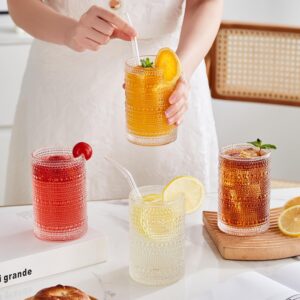 15 oz Clear Hobnail Drinking Glasses with Straws Set of 6, Vintage Glassware Old Fashioned Beverage Glasses, Cocktail Drinking Glassware Set, Kitchen Water Glasses Cup, for Beer, Smoothie, Juice