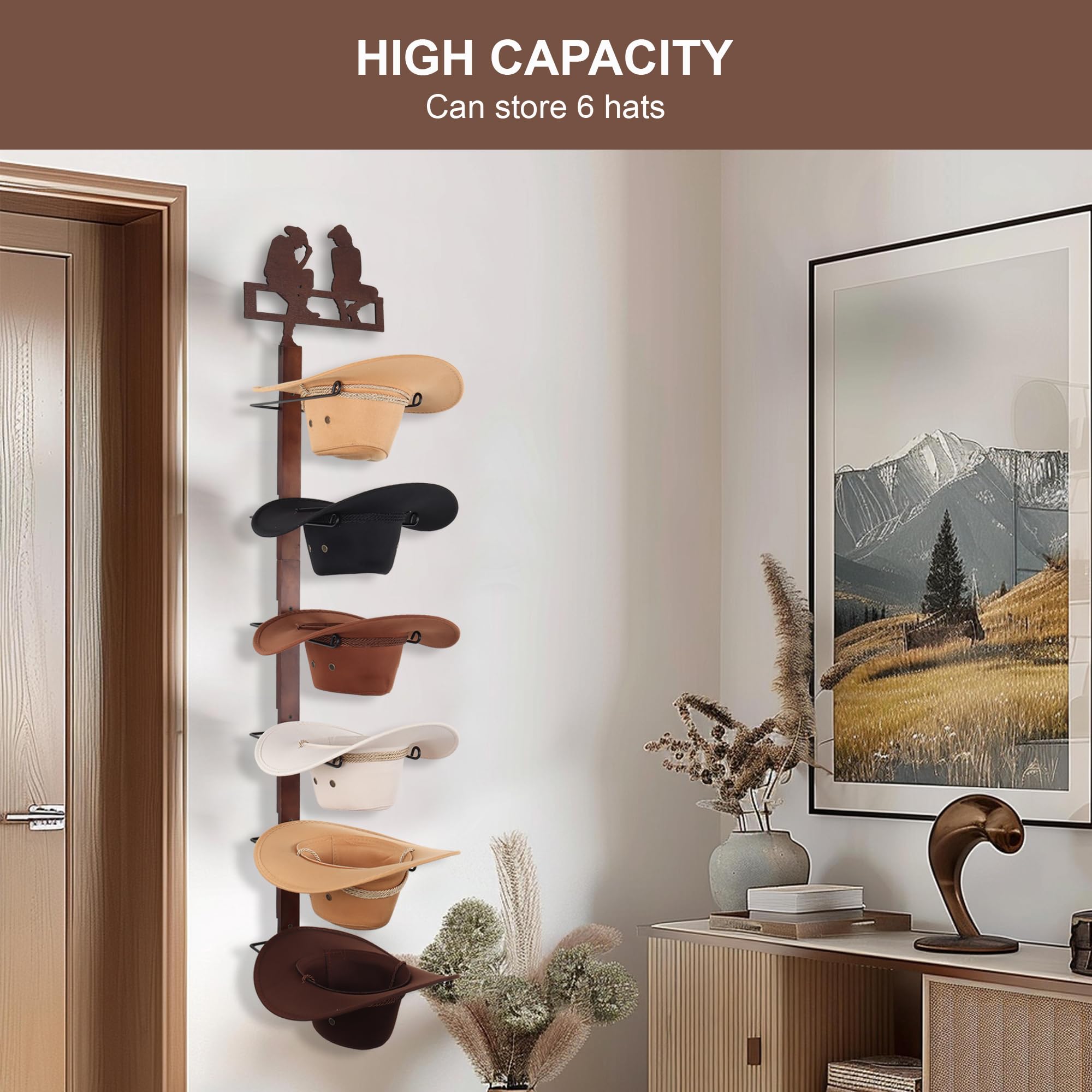 CANWUPON Cowboy Hat Rack Holder for Wall - Wild Western Style Design Hat Organizer with 6 Hat Hooks for Wall Mount, Hat Stand and Hanger for Storage and Organization (Cowboy Lover)