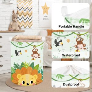 Clastyle 45L Large Green Jungle Lion Kid Laundry Hamper with Handle Collapsible Monkey Bird Clothes Toy Storage Basket with Lid for Nursery