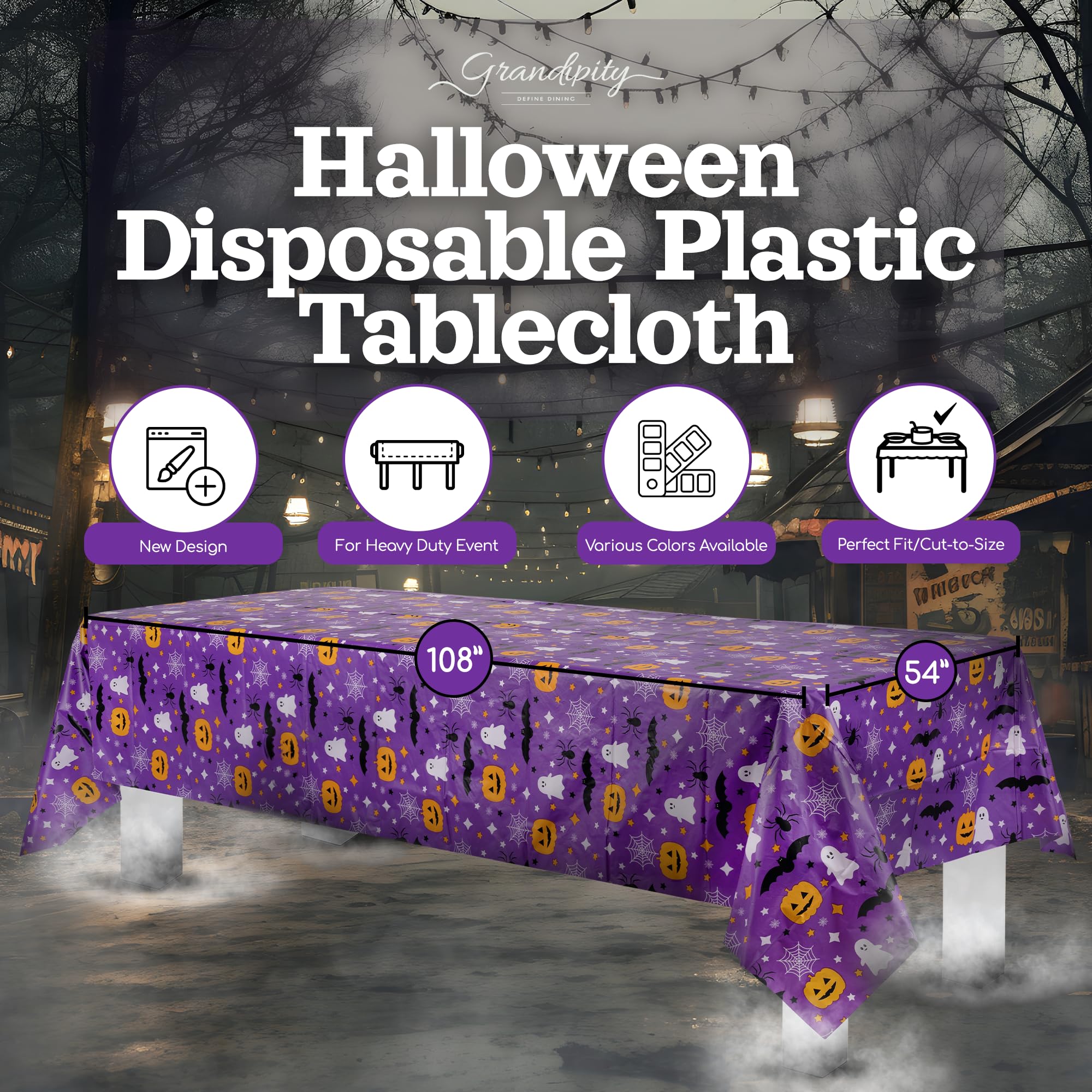 Grandipity Halloween Tablecloth Rectangle (3 Pk) Pumpkin Tablecloth (54in x 108in) Purple Plastic Disposable Tablecloths