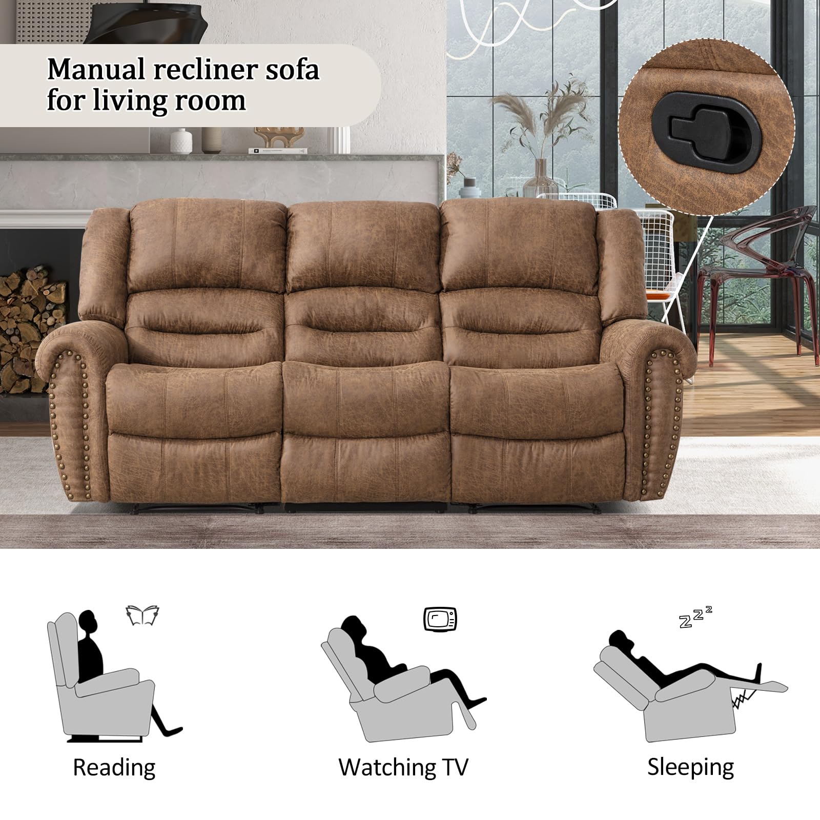 CANMOV Faux Leather Manual Reclining Sofa,3 Seat Recliner Couch Sofa with Overstuffed Comfortable Armrest and Backrest for Living Room, Office(Nut Brown, Sofa)