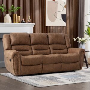 canmov faux leather manual reclining sofa,3 seat recliner couch sofa with overstuffed comfortable armrest and backrest for living room, office(nut brown, sofa)