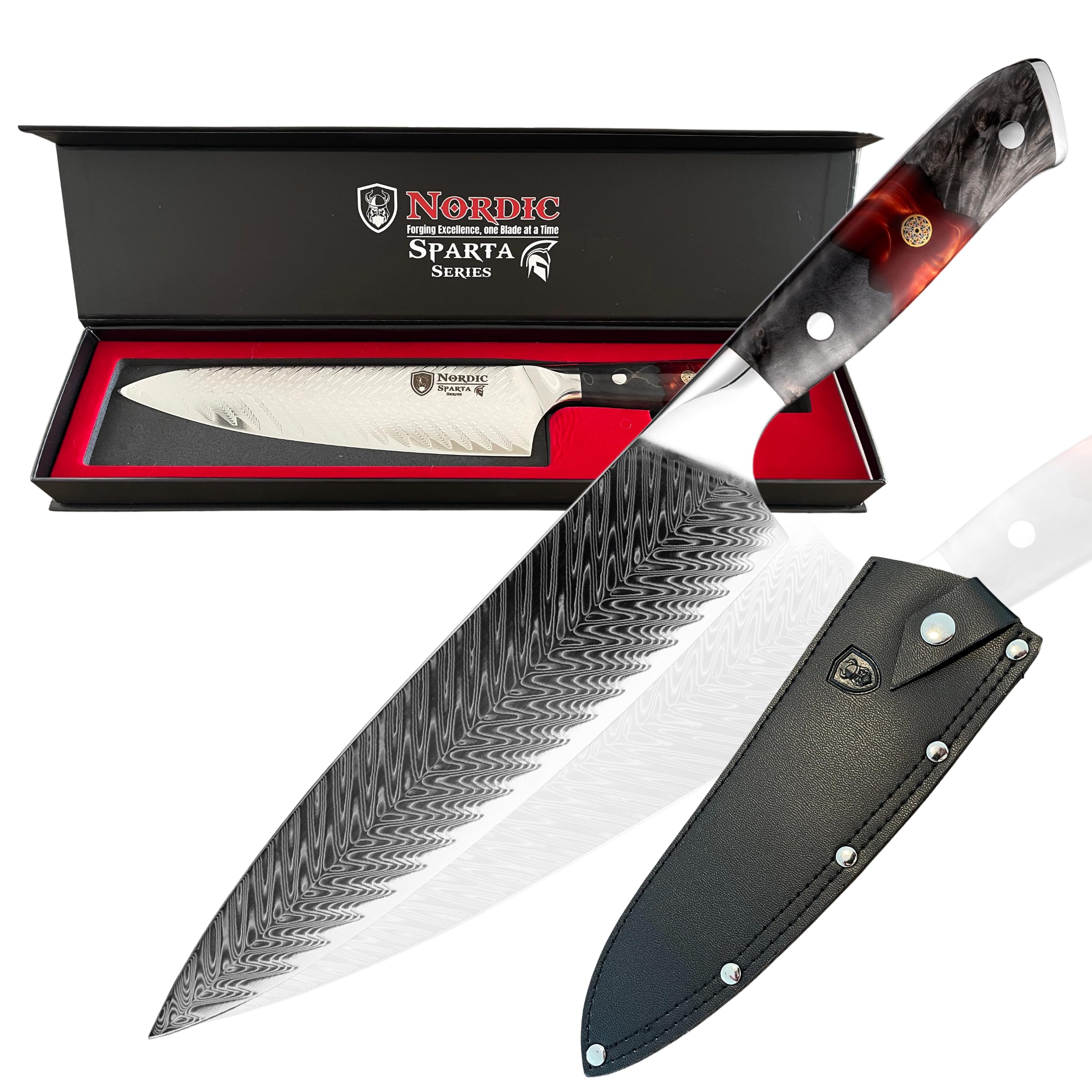 Nordic New Sparta Series Professional 8 inch Damascus Chef Knife, Japanese VG10 Super Steel, 67 Layers of Razor Sharp Damascus Steel, Resin and Maple Wood Handle and Leather Sheath