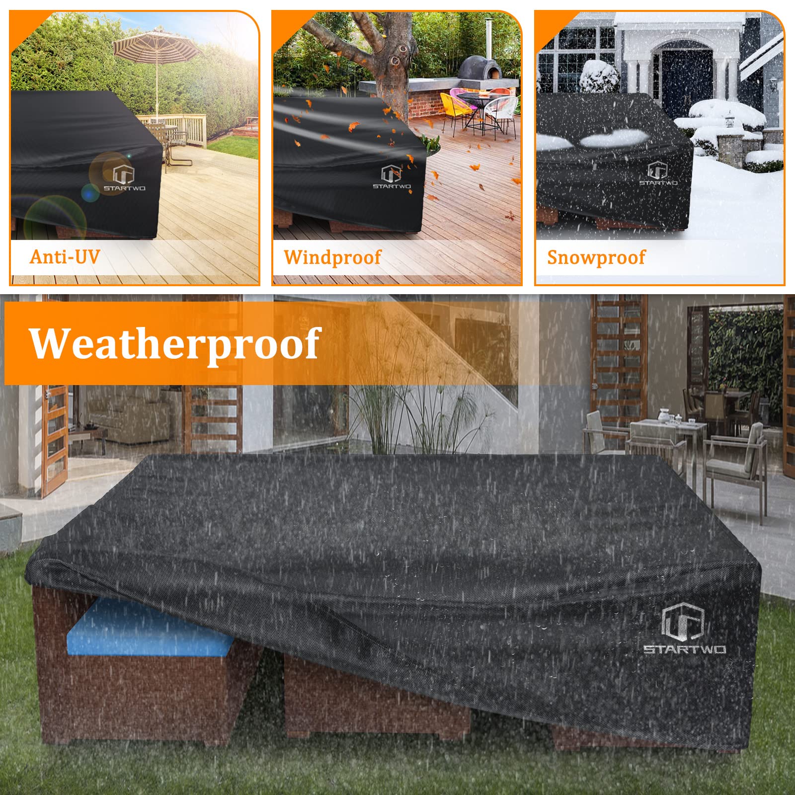 STARTWO Patio Furniture Covers Waterproof, Anti-UV Tear-Resistant Heavy Duty 7-12 Seats Outdoor Furniture Cover for Sectional Sofa, Patio Table Cover, 108" Lx82 Wx28 H, Black