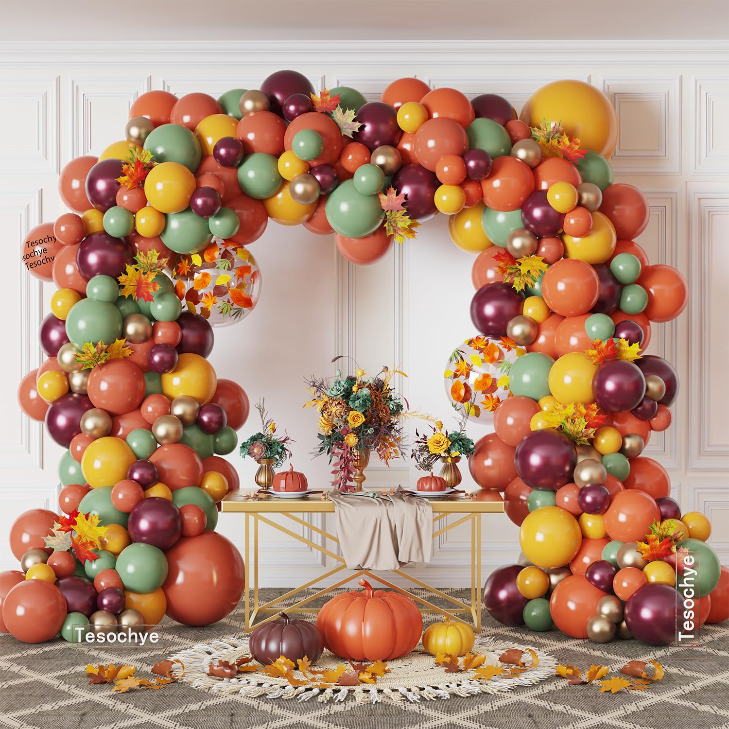 182 Pcs Fall Balloon Garland Arch Kit, Burnt Orange Wine Red Sage Green Mustard Yellow Metallic Gold Balloons Garland Kit for Thanksgiving Autumn Fall Birthday Baby Shower Party Decorations